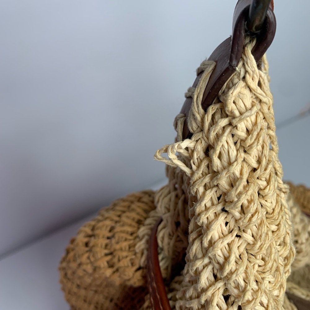 Lucky brand Boho straw rattan brown drawstring bucket bag charm-leather straps - Picture 14 of 16